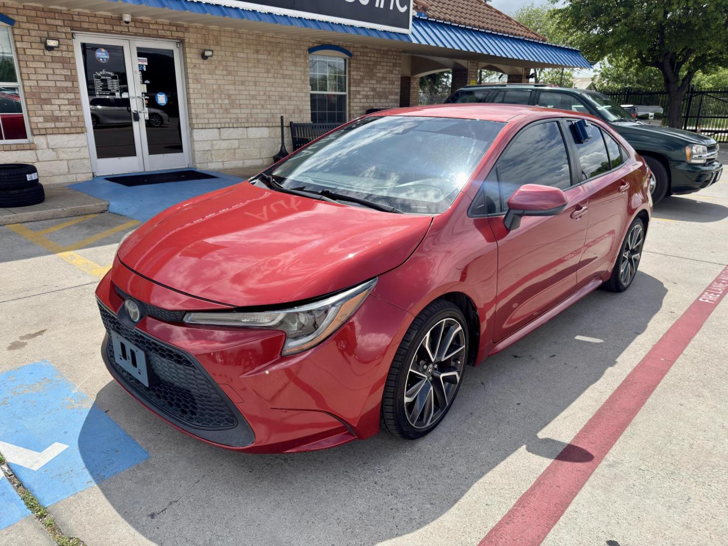 2020 Barcelona Red Metallic /Black, premium cloth Light Gray, premium cloth Mac Toyota Corolla 69675 (JTDEPRAE7LJ) with an 1.8L L4 DOHC 16V engine, Continuously Variable Transmission transmission, located at 2401 E Main St., Grand Prairie, TX, 75050, (972) 262-4440, 32.748981, -96.969643 - Photo#0