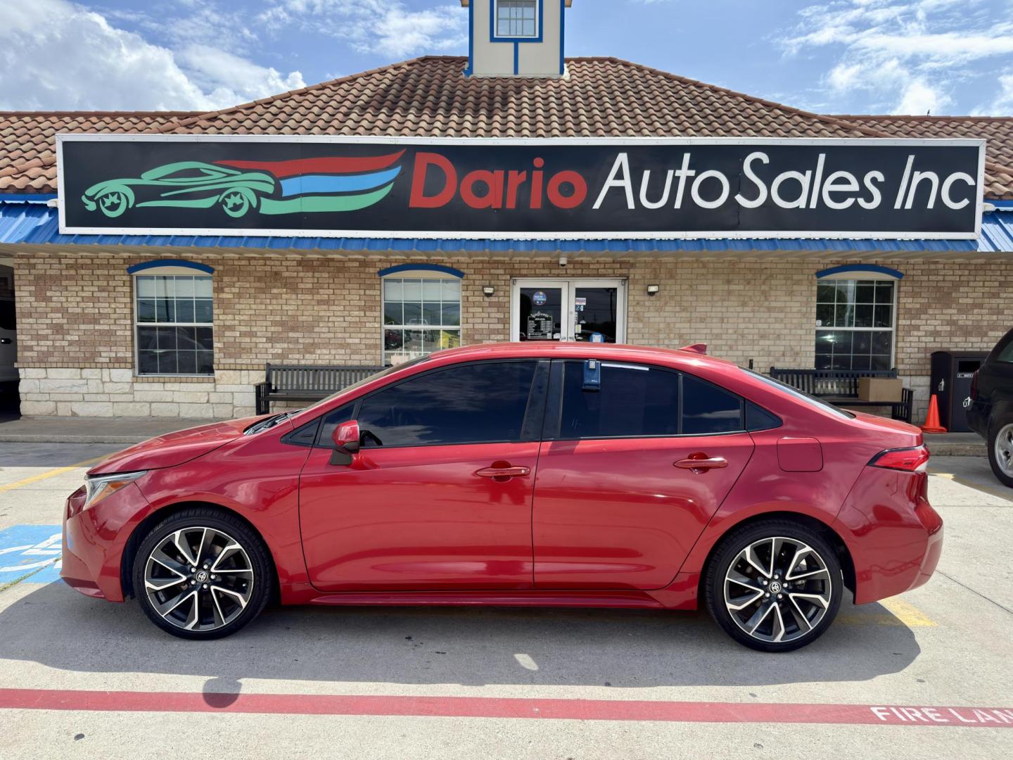 2020 Barcelona Red Metallic /Black, premium cloth Light Gray, premium cloth Mac Toyota Corolla 69675 (JTDEPRAE7LJ) with an 1.8L L4 DOHC 16V engine, Continuously Variable Transmission transmission, located at 2401 E Main St., Grand Prairie, TX, 75050, (972) 262-4440, 32.748981, -96.969643 - Photo#1